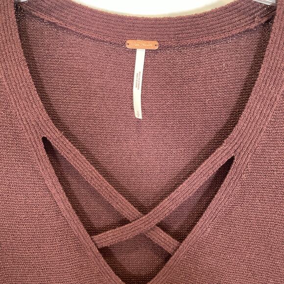 Free People Angi Tunic Sweater Dark Brown Crisscross Neck Slits Knit Boho S - Picture 3 of 7